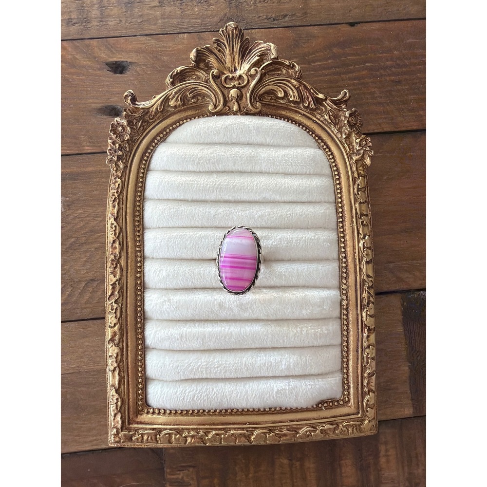Vintage Pink Banded Agate Statement Ring Silver Plated 925 Stamped Size 8.25